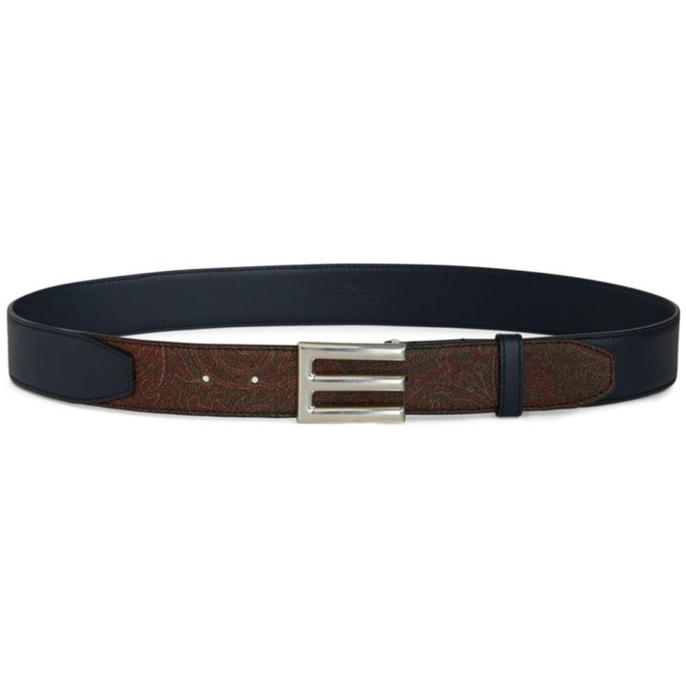 NWT $590 Etro Milano E Logo Buckle Printed Paisley Men's Brown Navy Leather Belt